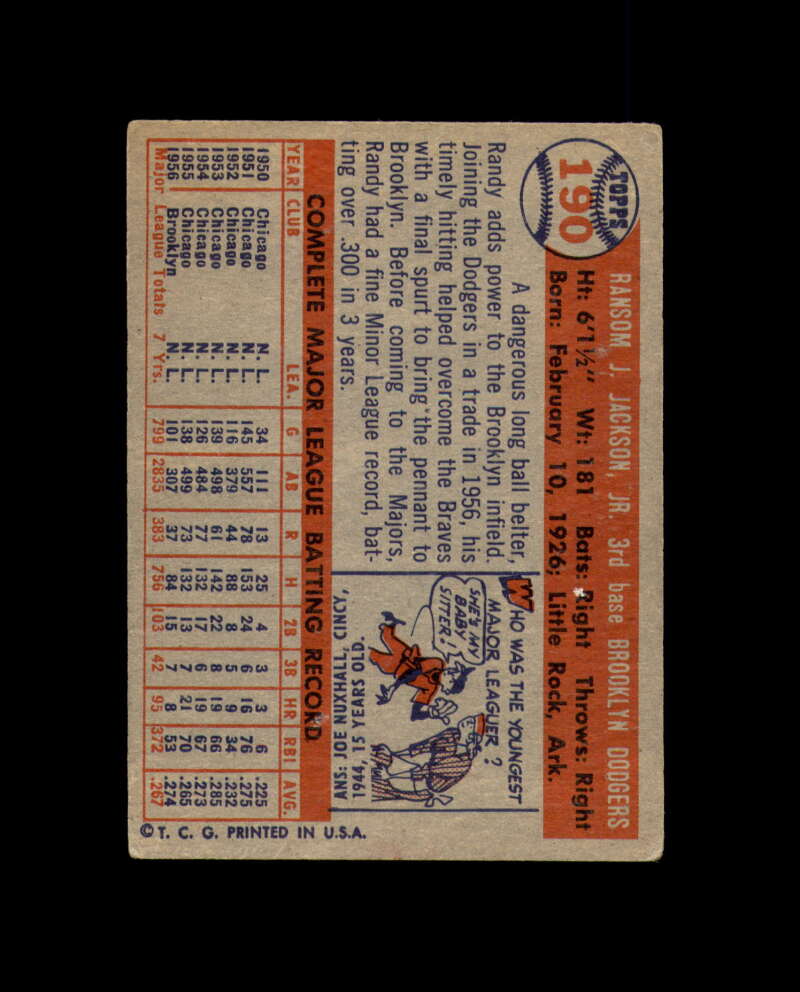Randy Jackson Signed Original 1957 Topps Brooklyn Dodgers Autograph