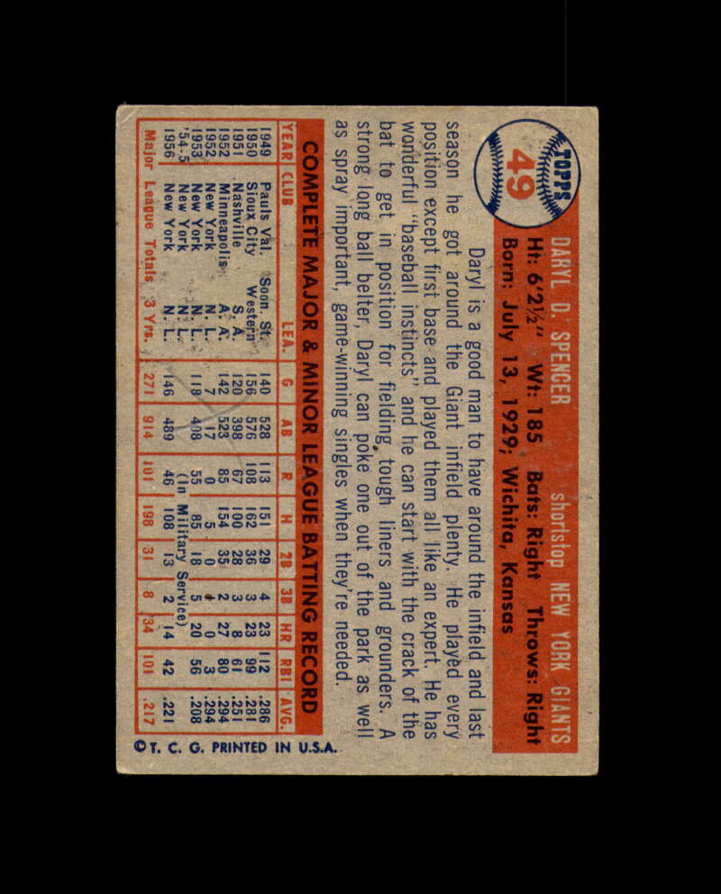 Daryl Spencer Signed Original 1957 Topps New York Giants Autograph 1