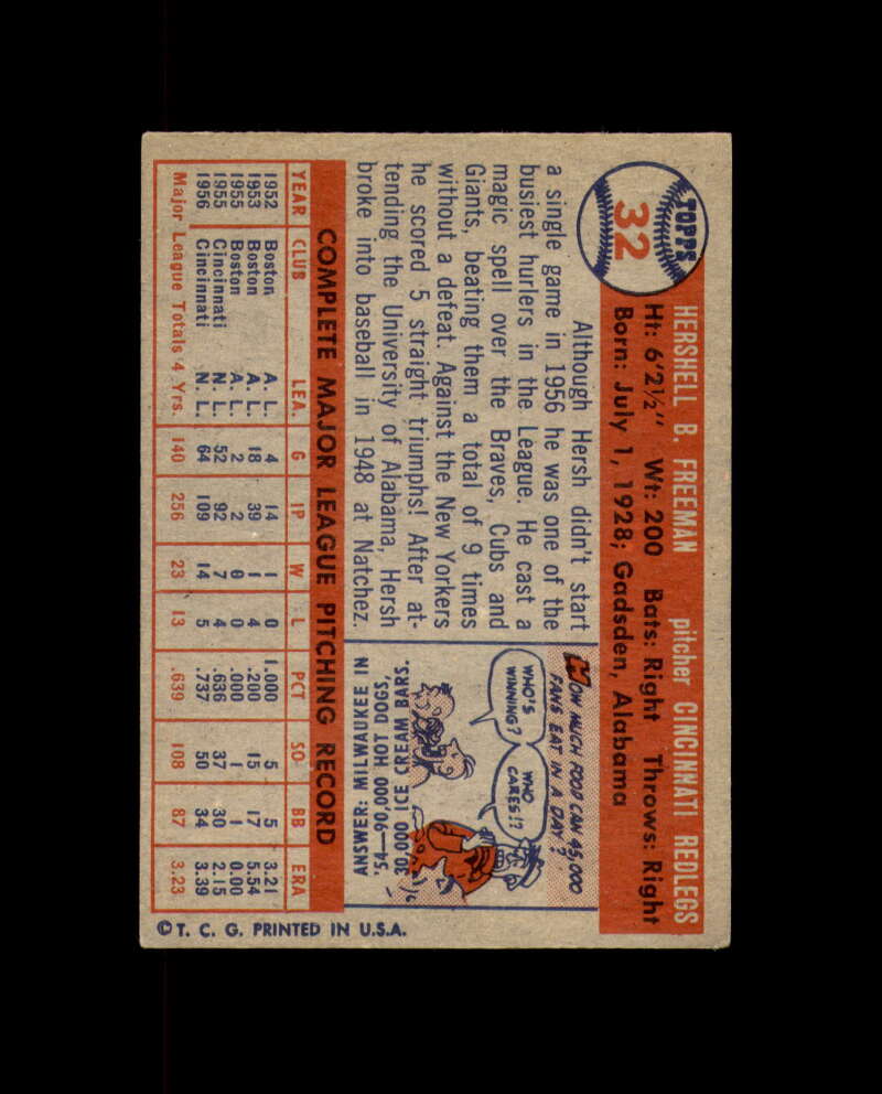 Hersh Freeman Signed Original 1957 Topps Cincinnati Reds Autograph
