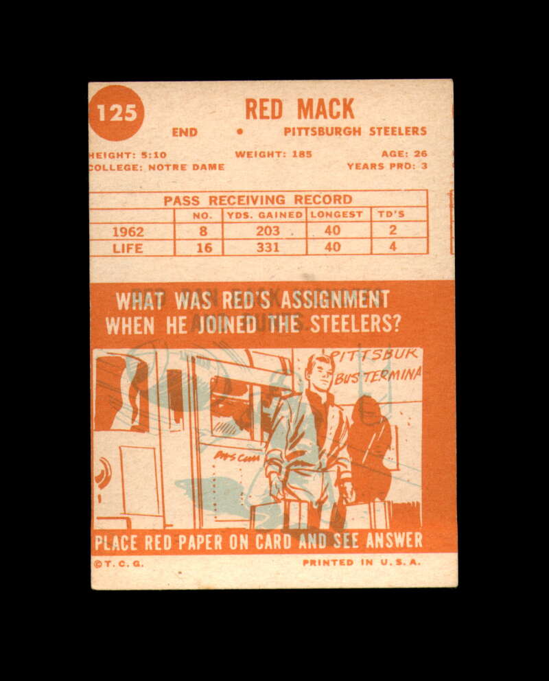 Red Mack Signed Original 1963 Topps Pittsburgh Steelers Autograph