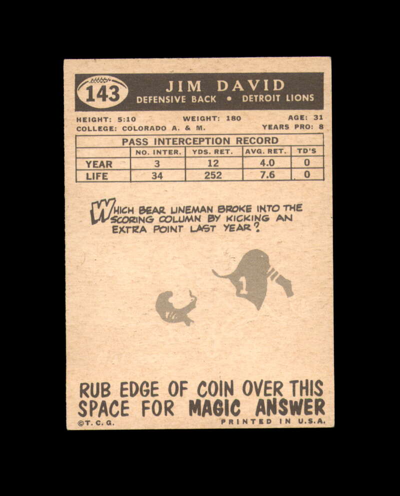 Jim David Signed Original 1959 Topps Detroit Lions Autograph