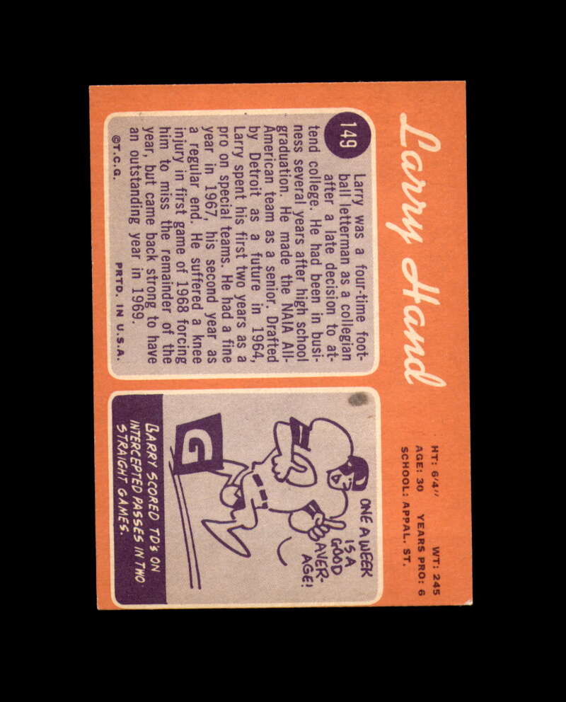 Larry Hand Signed Original 1970 Topps Detroit Lions Autograph