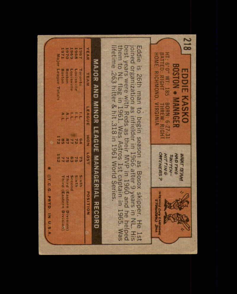 Eddie Kasko Signed 1972 Topps Boston Red Sox Autograph