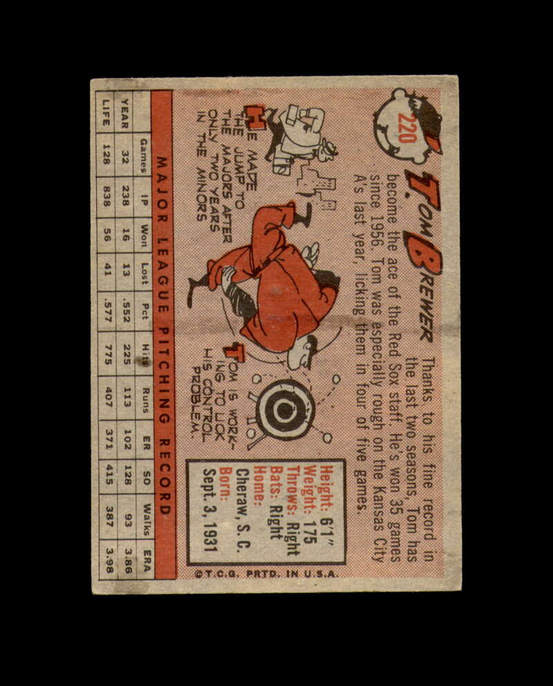 Tom Brewer Signed 1958 Topps Boston Red Sox Autograph