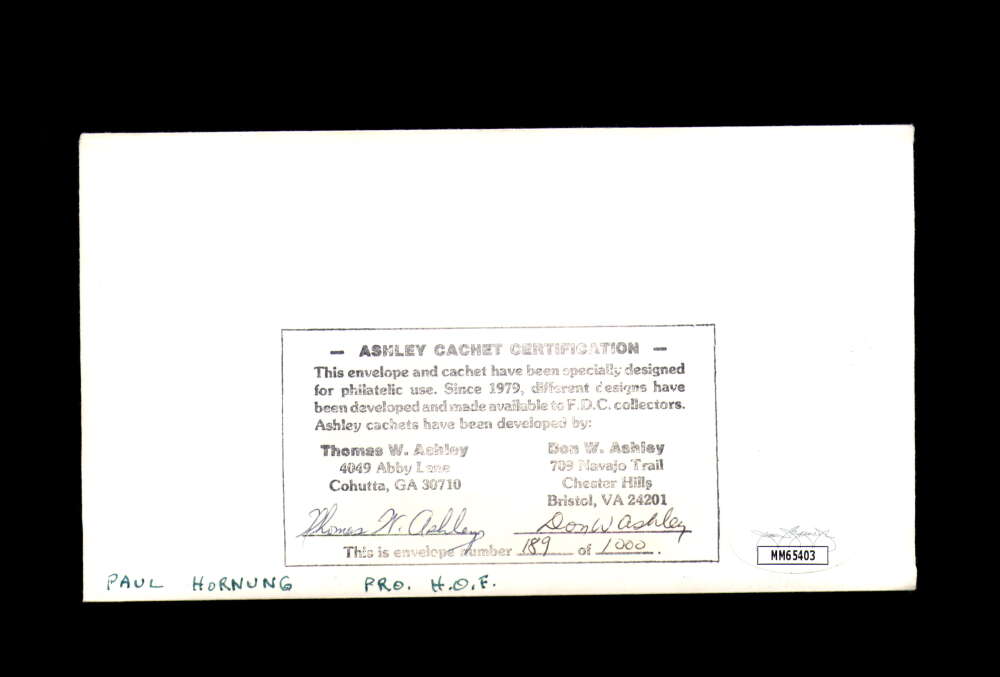 Paul Hornung JSA Cert Signed FDC 1984 First Day Cover Cache Jim Thorpe Autograph