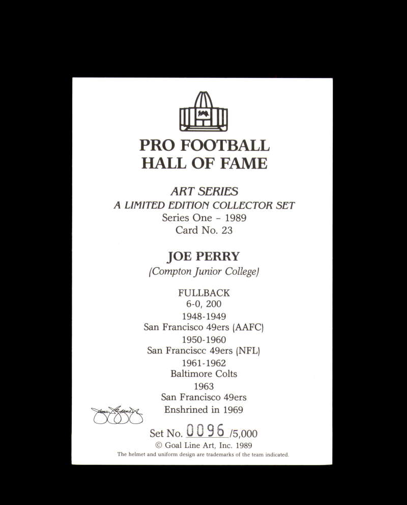 Joe Perry JSA Coa Signed Goal Line Art Card GLAC Autograph