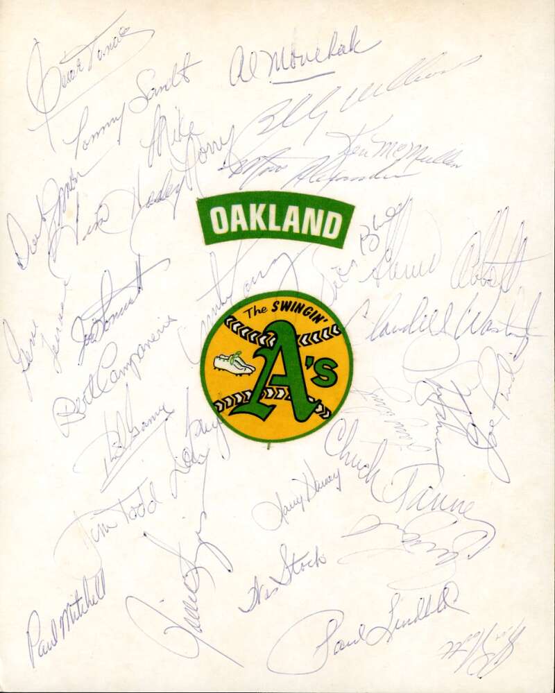 1976 Athletics 8x10 Team Sheet Signed By 30 Fingers Baylor Blue Williams Tovar