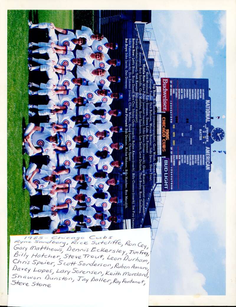 1985 Cubs 8x10 Team Sheet Signed By 19 Ryne Sandberg Cey Eckersley Lopes Stone