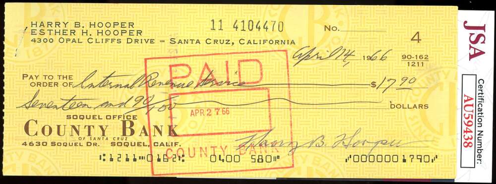 Harry Hooper JSA Coa Signed 1966 Personal Check Autograph