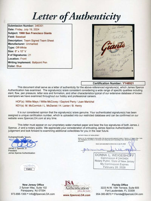 1968 Giants Team Sheet Signed by 21 JSA Loa Willie Mays Willie McCovey Gaylord Perry Juan Marichal