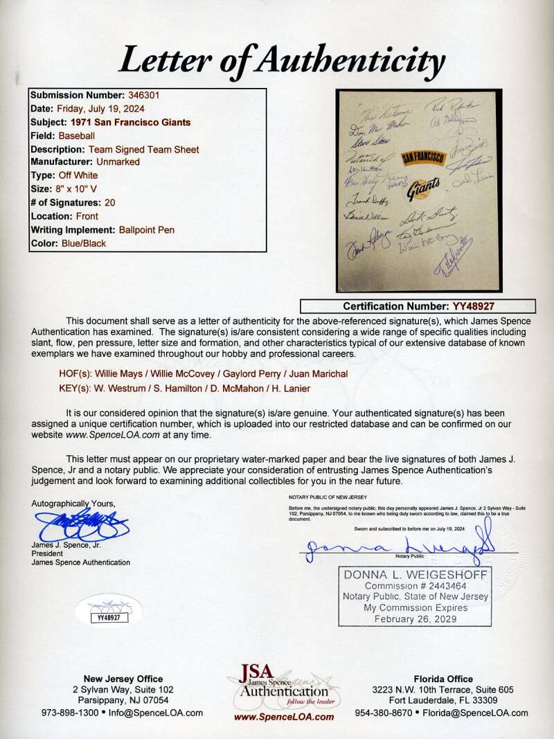 1971 Giants Team Sheet Signed by 20 JSA Loa Willie Mays Willie McCovey Gaylord Perry Juan Marichal