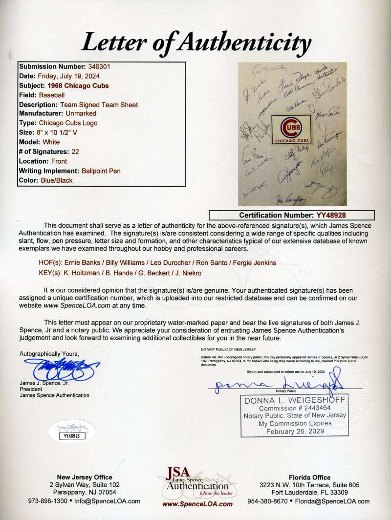 1968 Cubs Team Sheet Signed by 22 JSA Loa Ernie Banks Billy Williams Leo Durocher Ron Santo