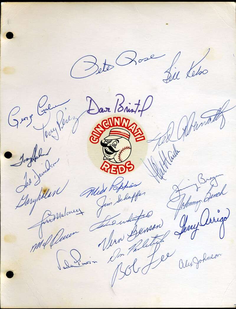 1968 Reds Team Sheet Signed by 23 JSA Loa Johnny Bench Tony Perez Pete Rose Vada Pinson