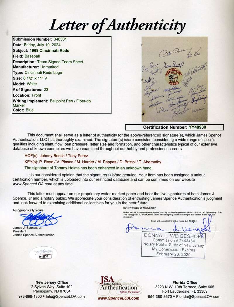 1968 Reds Team Sheet Signed by 23 JSA Loa Johnny Bench Tony Perez Pete Rose Vada Pinson