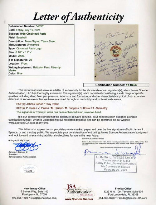 1968 Reds Team Sheet Signed by 23 JSA Loa Johnny Bench Tony Perez Pete Rose Vada Pinson