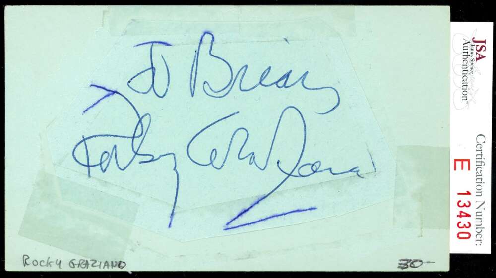 Rocky Graziano JSA Coa Signed 3x5 Index Card Autograph