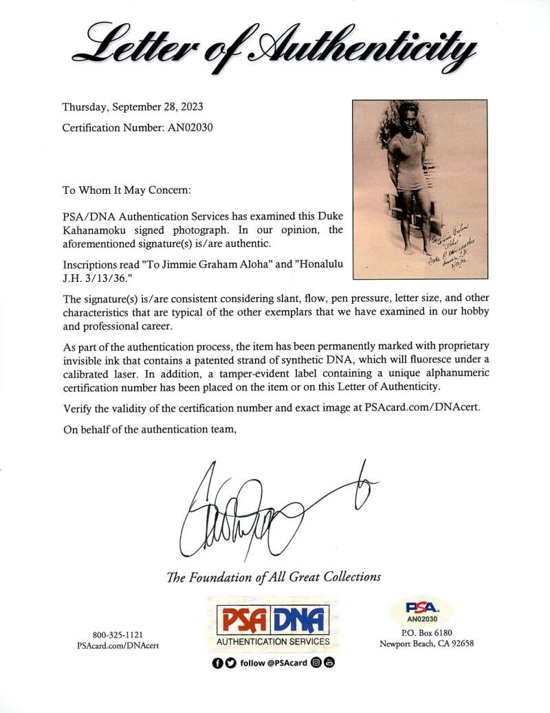 Duke Kahanamoku PSA DNA Signed Vintage 7x10 Photo 1936 Finest Example Autograph