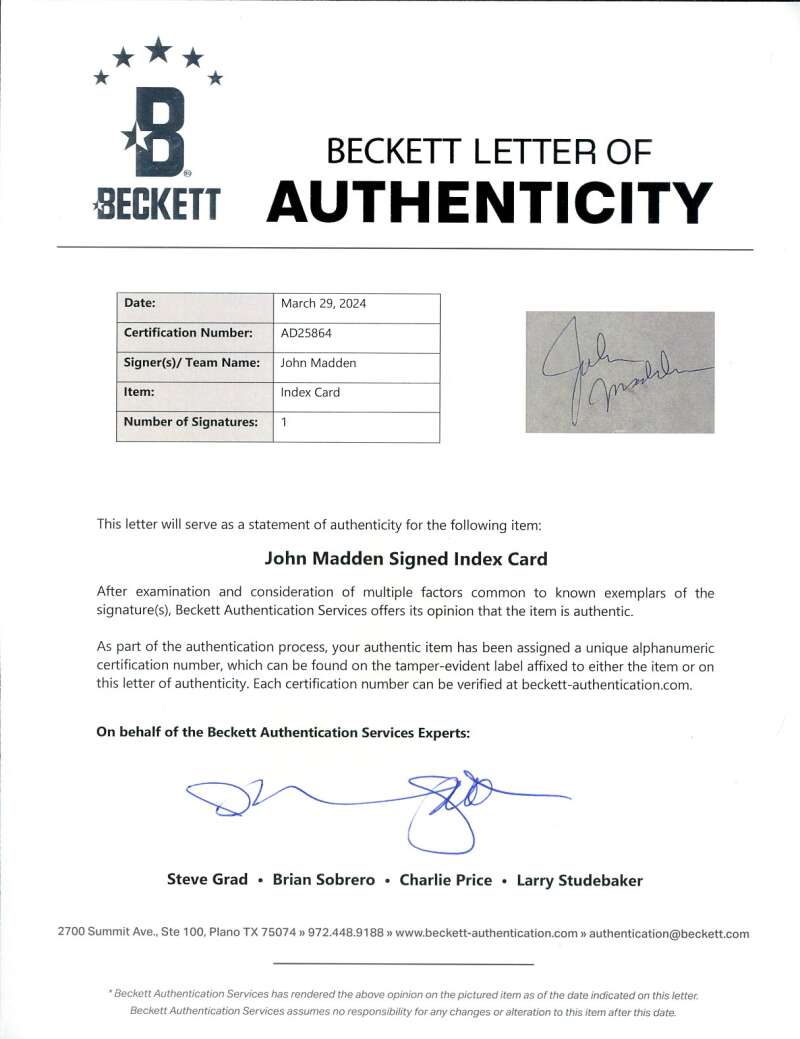 John Madden Beckett BAS Autograph 3x5 Index Card Signed