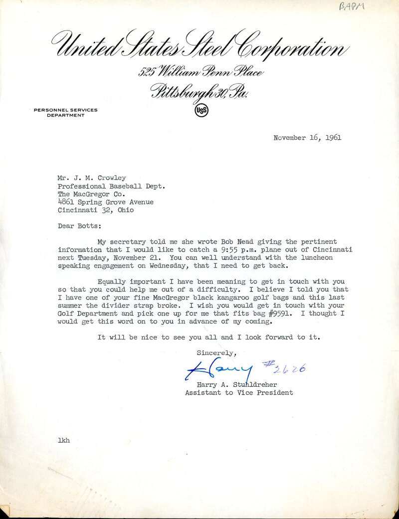 Harry Stuhldreher JSA Coa Autograph 1961 Typed Letter Notre Dame Four Horseman Signed