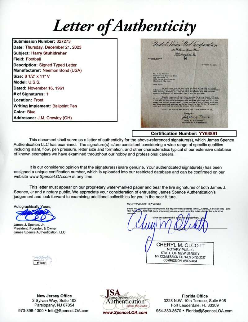 Harry Stuhldreher JSA Coa Autograph 1961 Typed Letter Notre Dame Four Horseman Signed