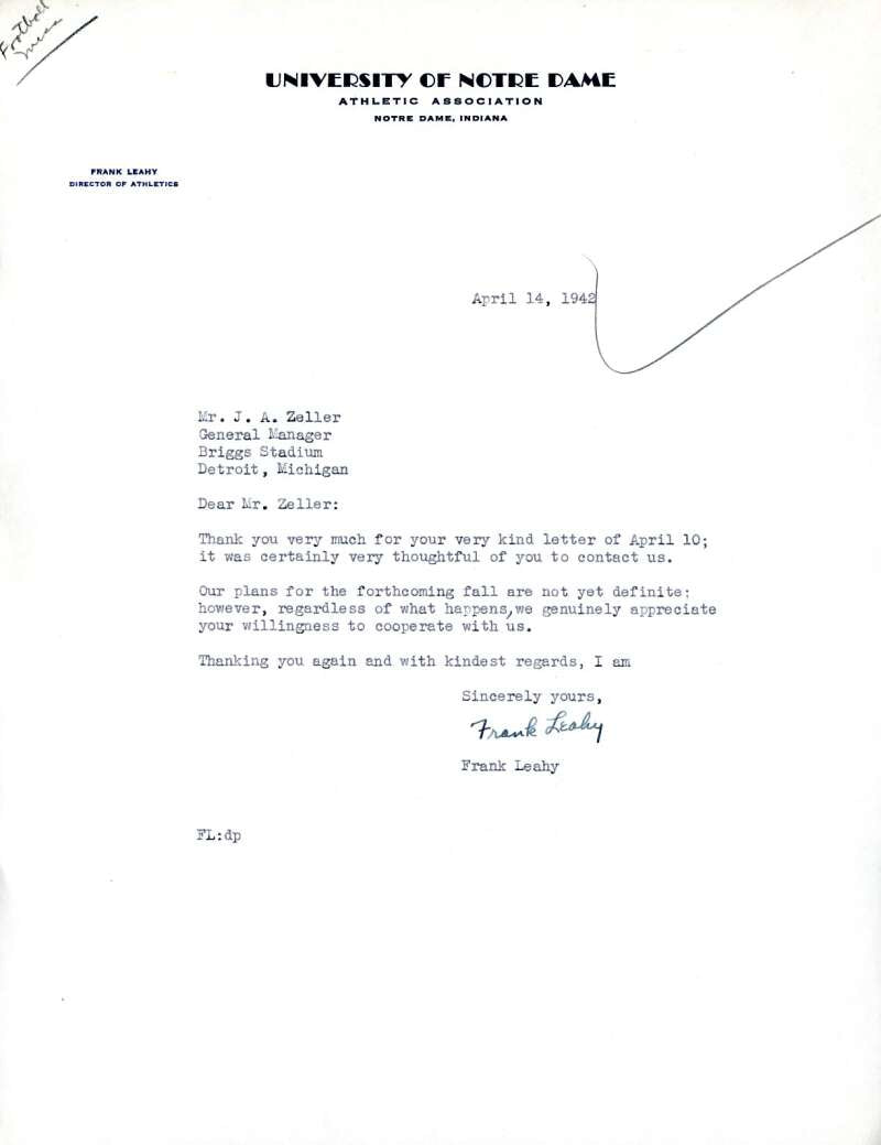 Frank Leahy JSA Coa Autograph 1942 Typed Letter Notre Dame Signed
