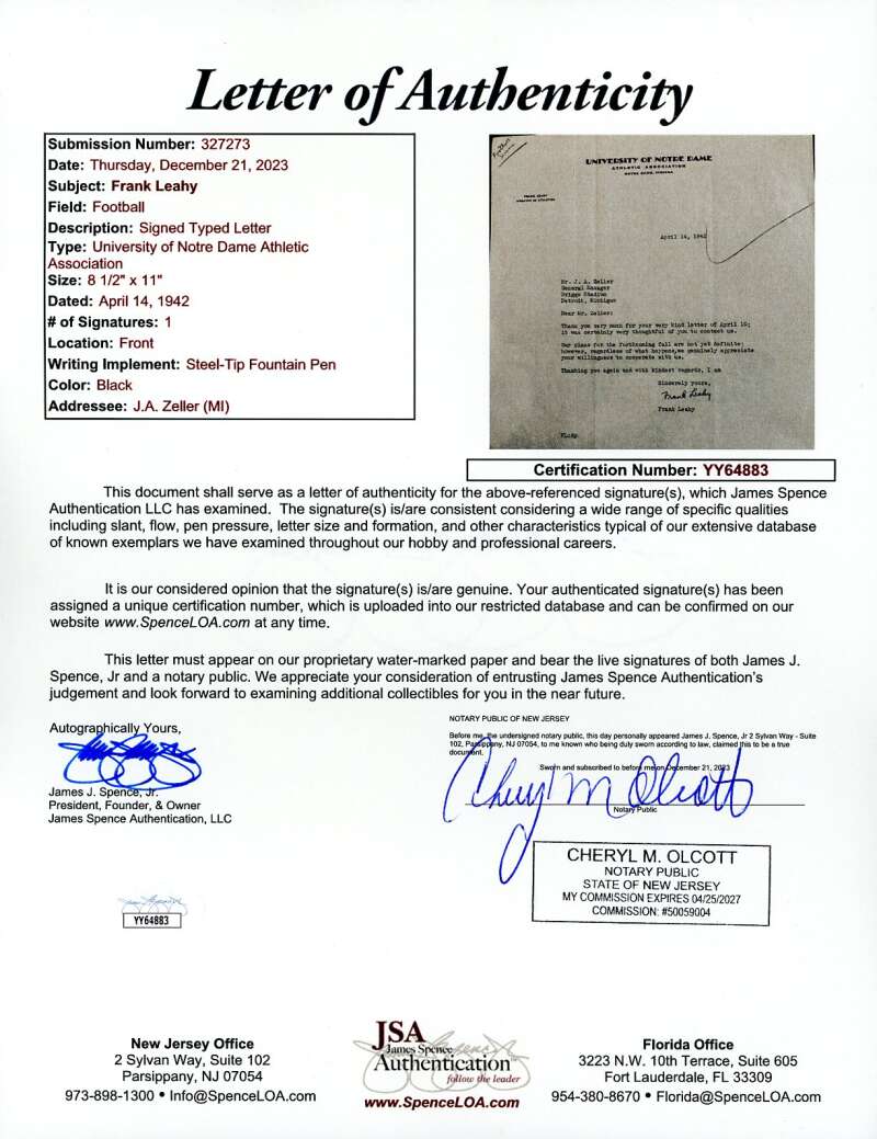 Frank Leahy JSA Coa Autograph 1942 Typed Letter Notre Dame Signed