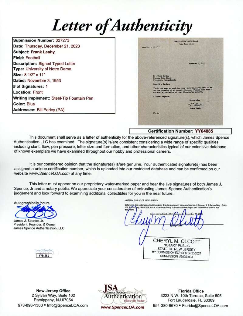 Frank Leahy JSA Coa Autograph 1953 Typed Letter Notre Dame Signed