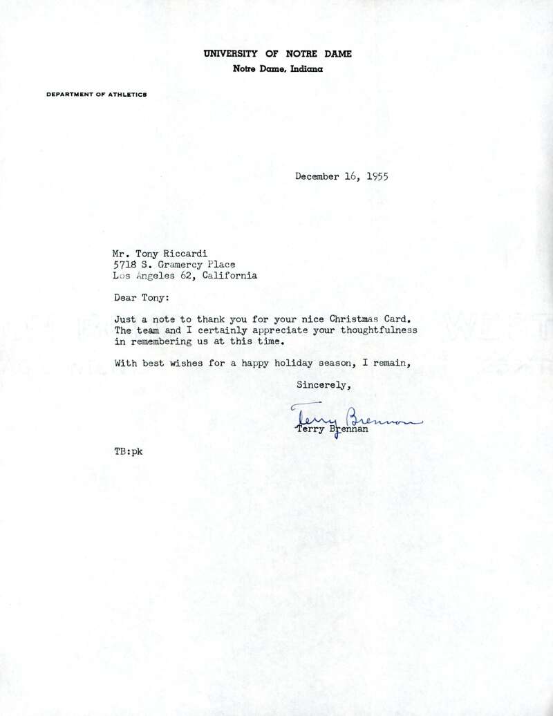 Terry Brennan JSA Coa Autograph 1955 Typed Letter Notre Dame Signed