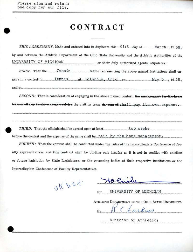 Fritz Crisler JSA Coa Autograph 1958 Ohio State Michigan Contract Signed