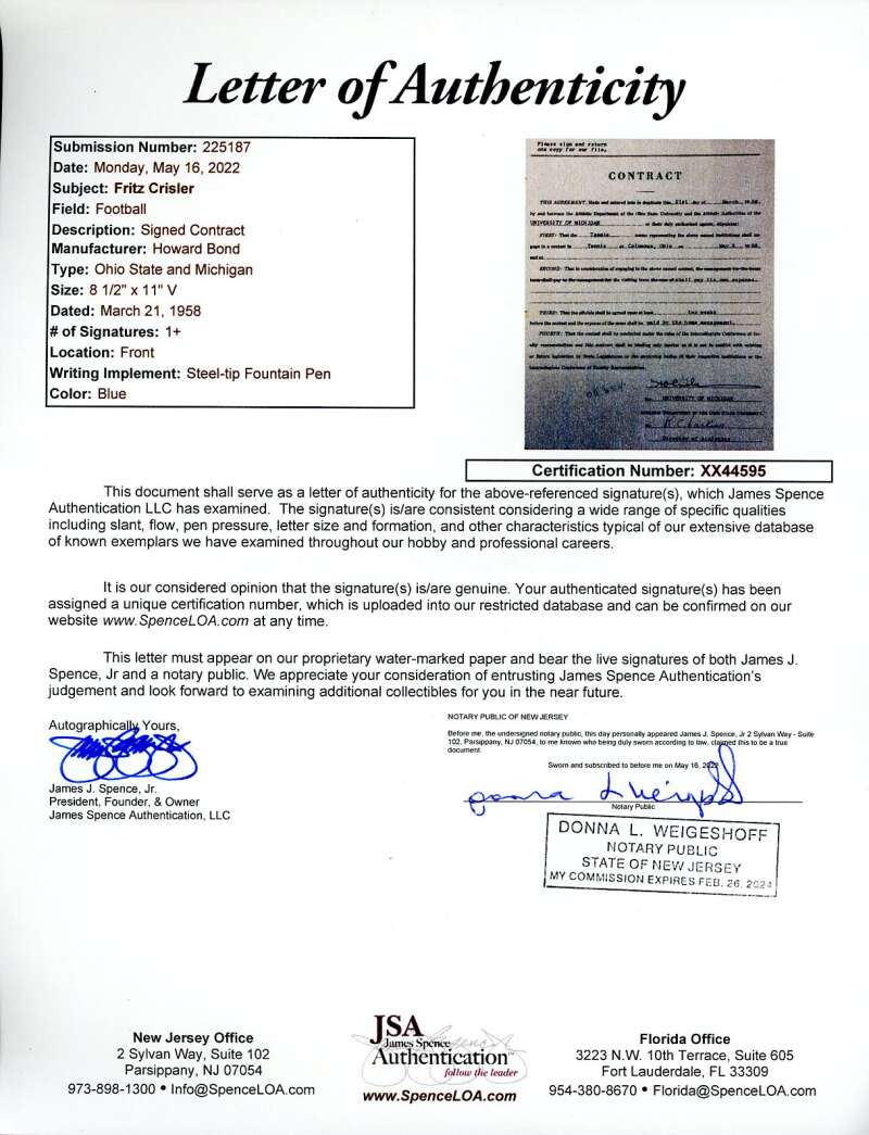 Fritz Crisler JSA Coa Autograph 1958 Ohio State Michigan Contract Signed