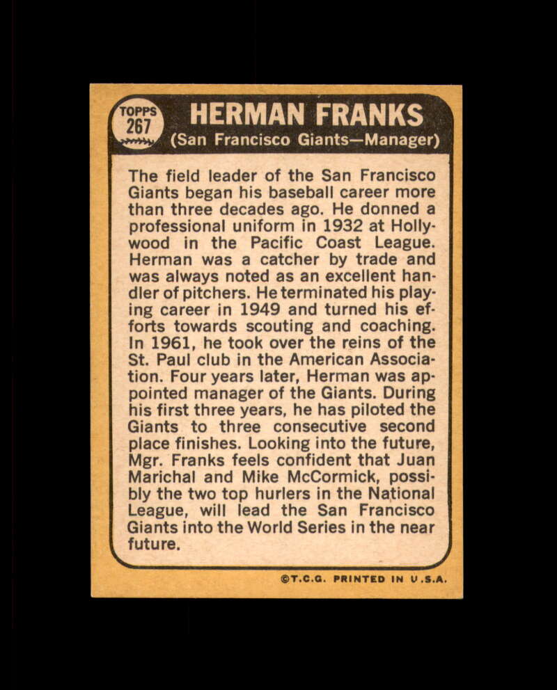 Herman Franks Signed 1968 Topps San Francisco Giants Autograph