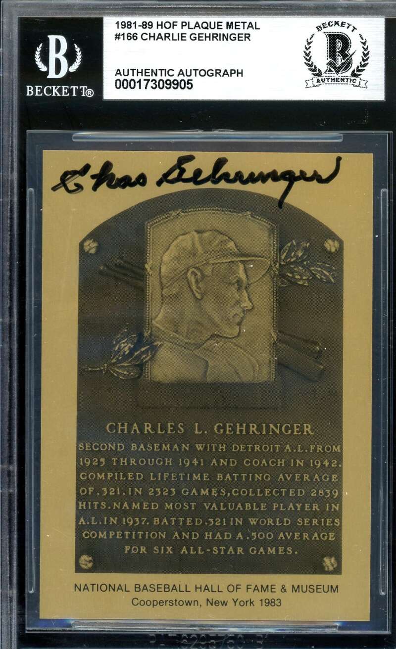 Charlie Gehringer Beckett BAS Signed 1981-89 HOF Metallic Hall Of Fame Plaque Autograph
