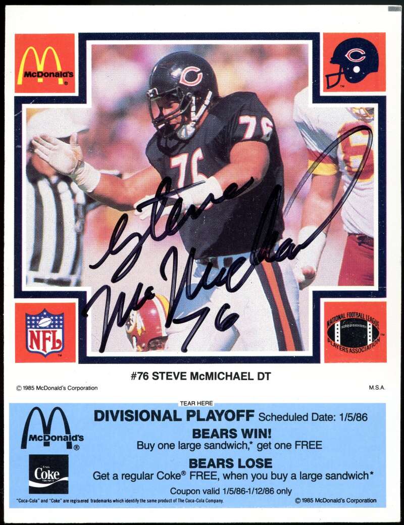 Steve McMichael JSA Coa Signed 1985 McDonald's Bears Blue Tab Autograph