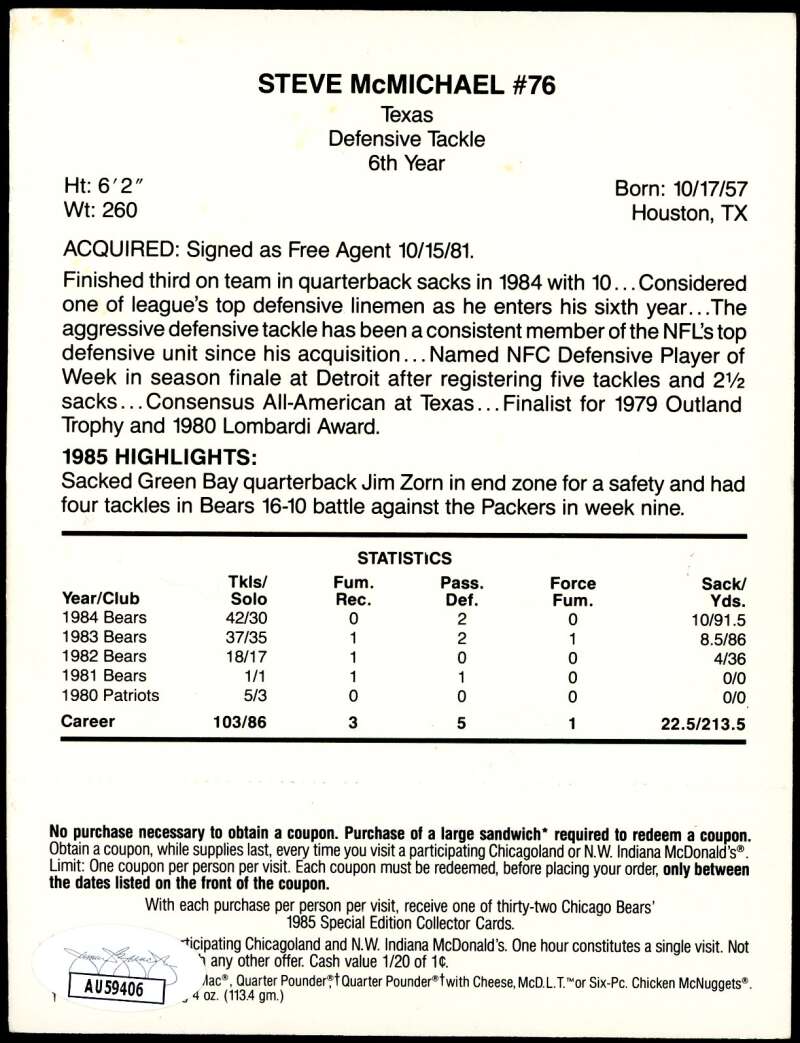 Steve McMichael JSA Coa Signed 1985 McDonald's Bears Blue Tab Autograph