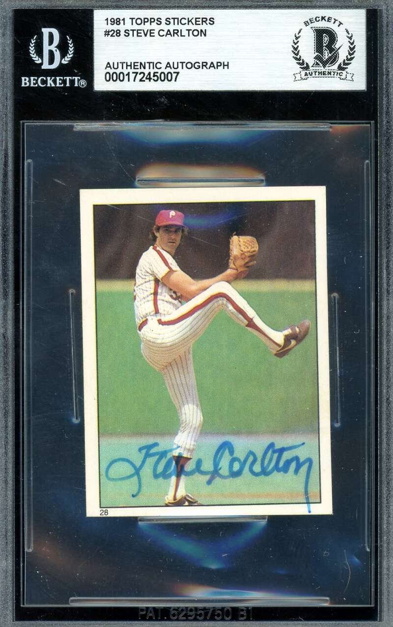 Steve Carlton Beckett BAS Signed 1981 Topps Stickers Autograph