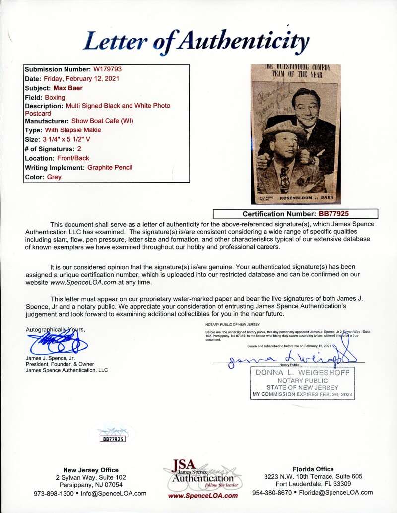 Max Baer JSA Cert Signed  4x6 Photo Postcard Autograph