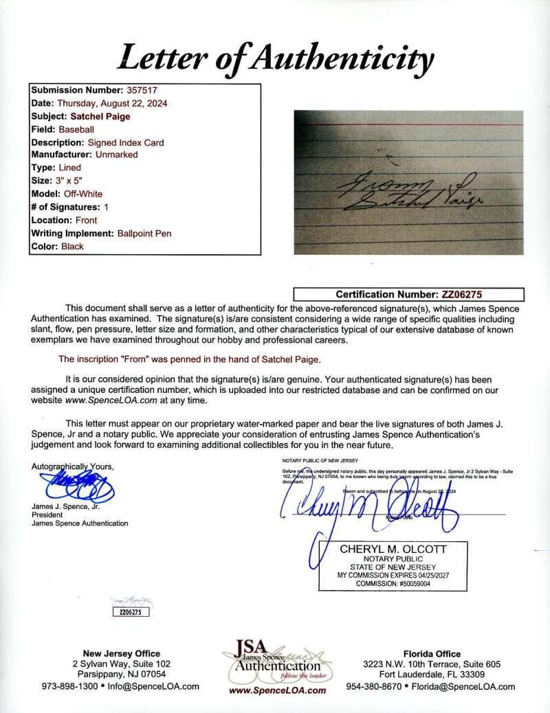 Satchel Paige JSA Coa Signed 3x5 Index Card Autograph