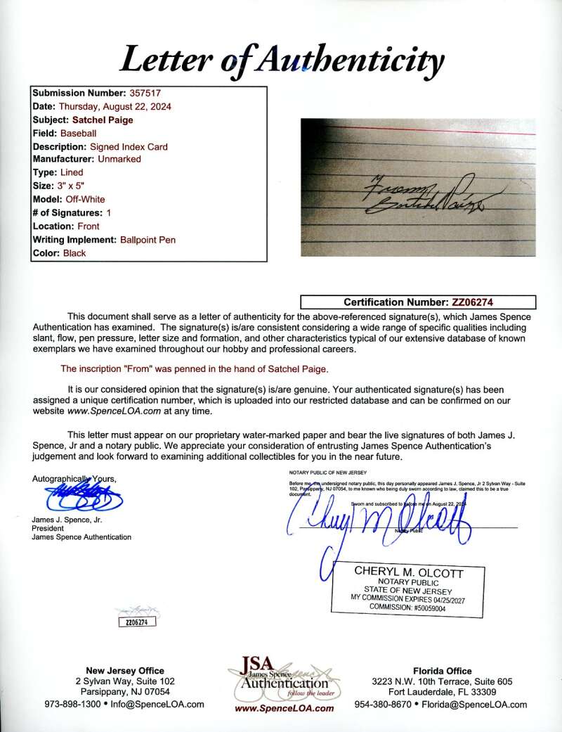 Satchel Paige JSA Coa Signed 3x5 Index Card Autographed
