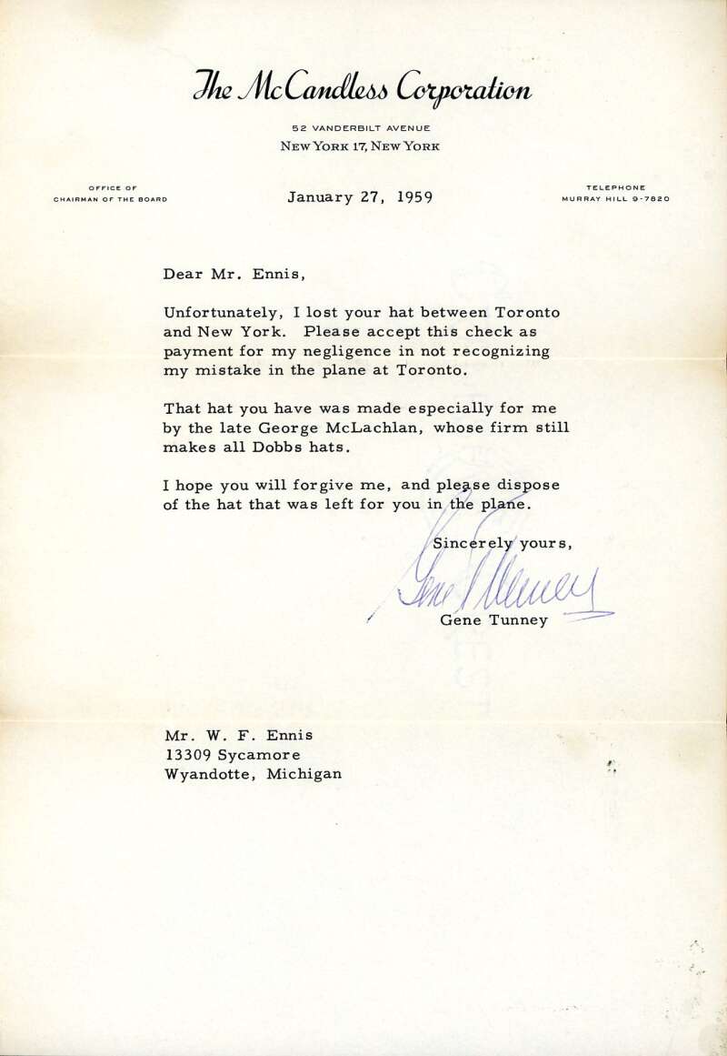 Gene Tunney PSA DNA Signed 1959 Typed Letter Autograph