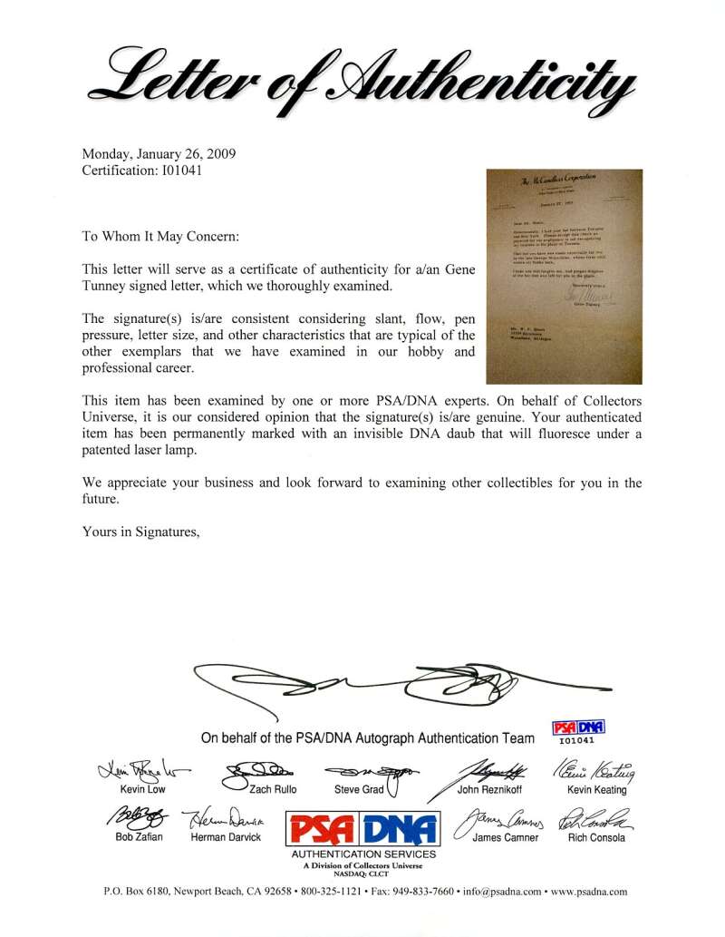 Gene Tunney PSA DNA Signed 1959 Typed Letter Autograph