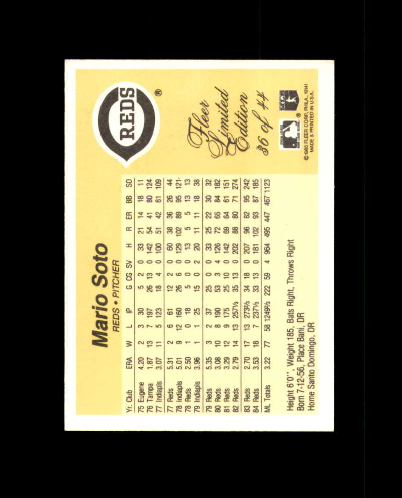 Mario Soto Signed 1985 Fleer Limited Edition Cincinnati Reds Autograph