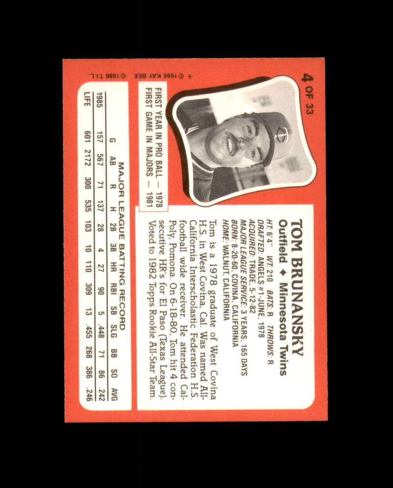 Tom Brunansky Signed 1986 Kay Bee Minnesota Twins Autograph