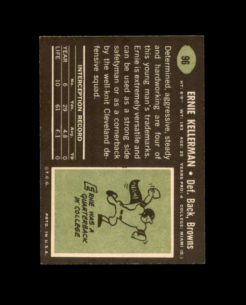 Ernie Kellerman Signed 1969 Topps Cleveland Browns Autograph