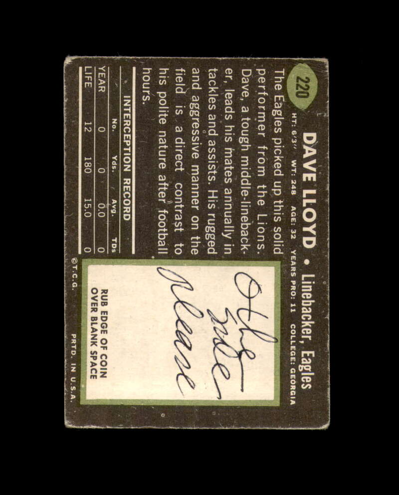 Dave Lloyd Signed 1969 Topps Philadelphia Eagles Autograph