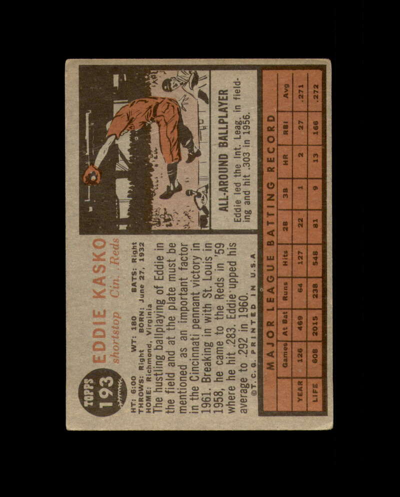 Eddie Kasko Signed Original 1962 Topps Cincinnati Reds Autograph