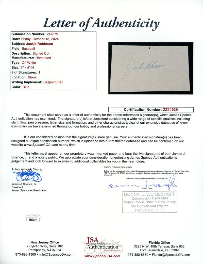 Jackie Robinson JSA Loa Signed 3x5 Index Card Autograph