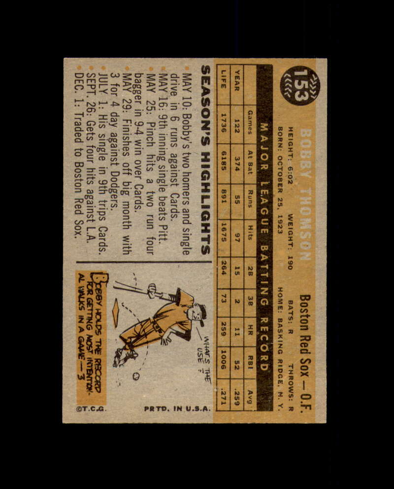 Bobby Thomson Signed Original 1960 Topps Boston Red Sox Autograph