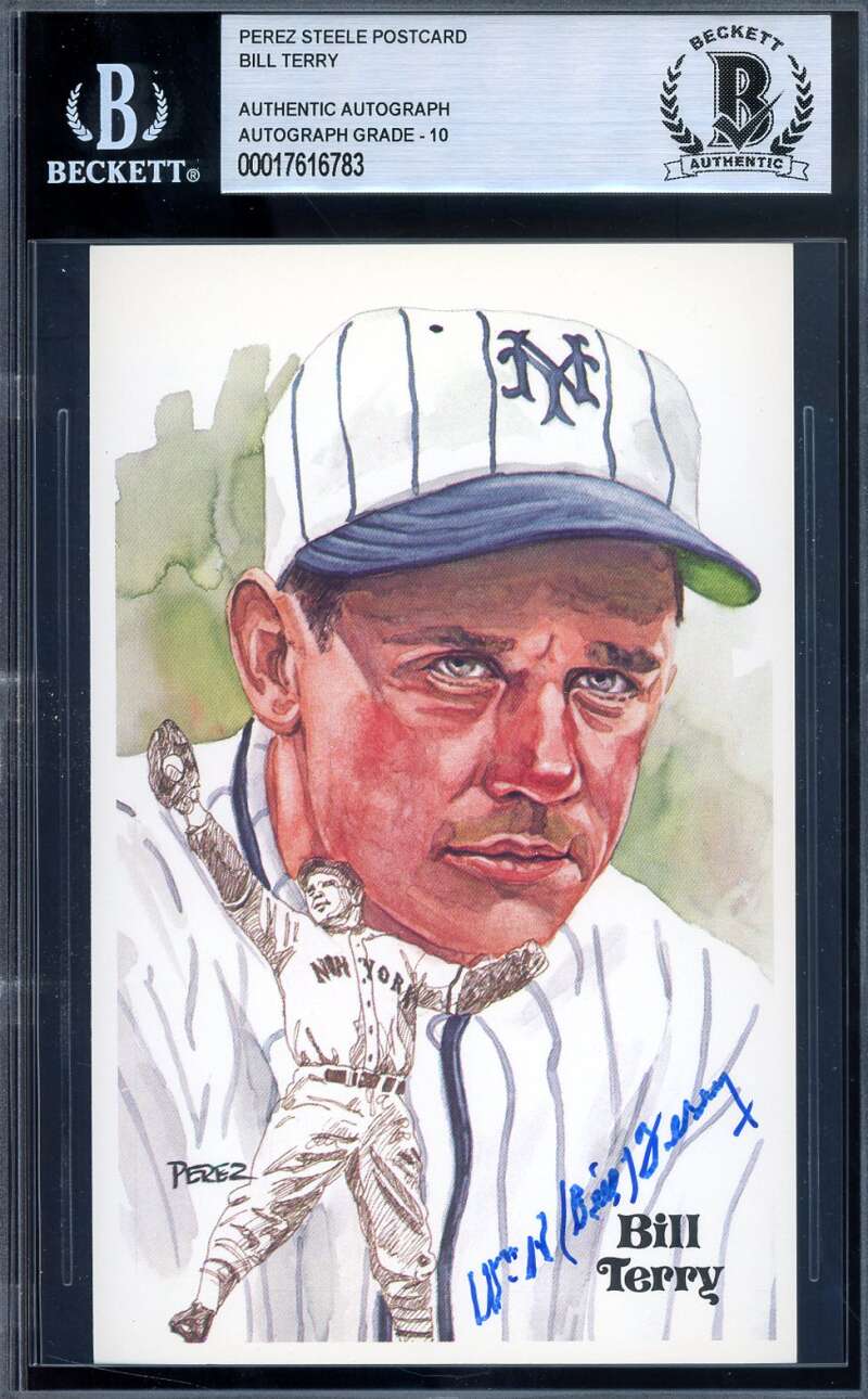 Bill Terry Gem Mint 10 Beckett BAS Signed Perez Steele Postcard Autograph