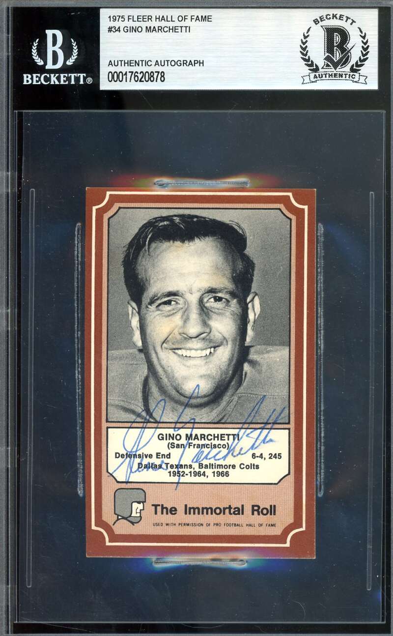 Gino Marchetti Beckett BAS Signed 1975 Fleer Immortal Roll Autograph