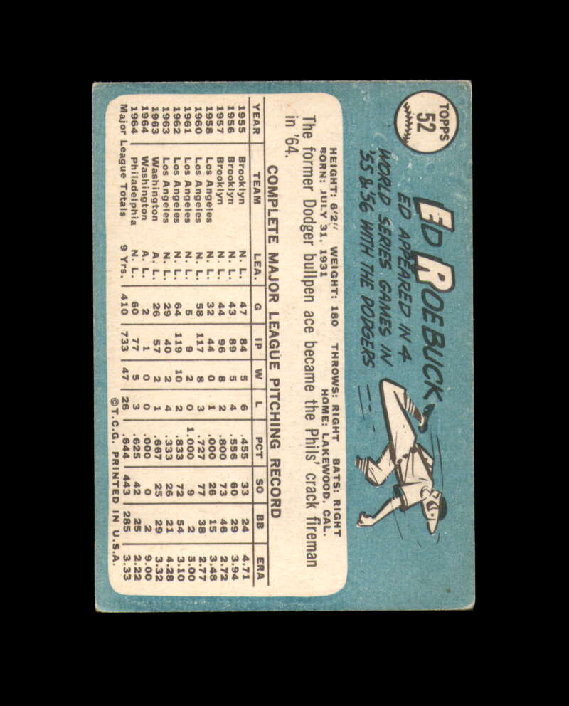 Ed Roebuck Signed Original 1965 Topps Philadelphia Phillies Autograph